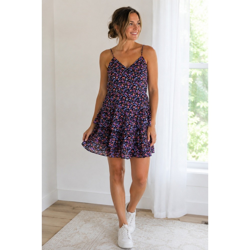 Stitch & Pine Floral Mini Dress Women Ruffle Tiered L Boho Black Pink Blue Chic